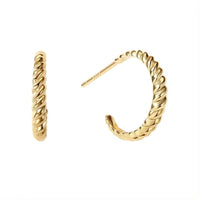 A pair of gold twisted hoop earrings, one shown from the front and the other from the side with a post visible, on a plain white background.