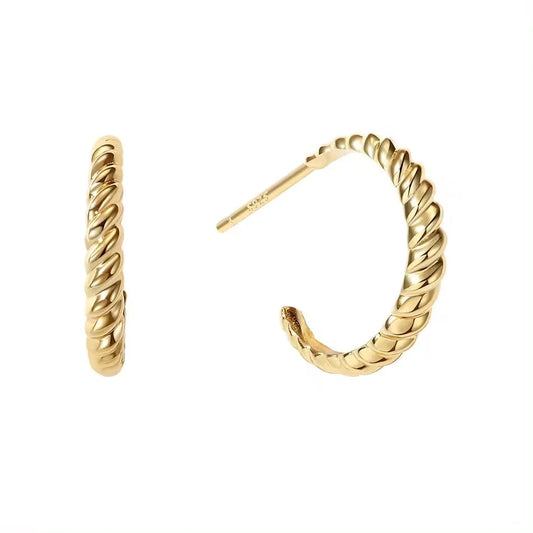 A pair of gold twisted hoop earrings, one shown from the front and the other from the side with a post visible, on a plain white background.