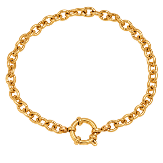 A slightly chunky gold chain bracelet with a round clasp, displayed on a clean white background.