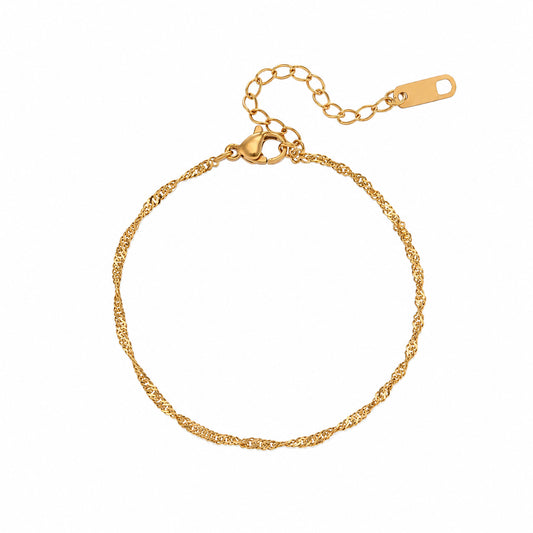 A gold chain bracelet with a twisted rope texture, a spring-ring clasp, and an adjustable extension chain with a lobster clasp, shown on a plain white background.
